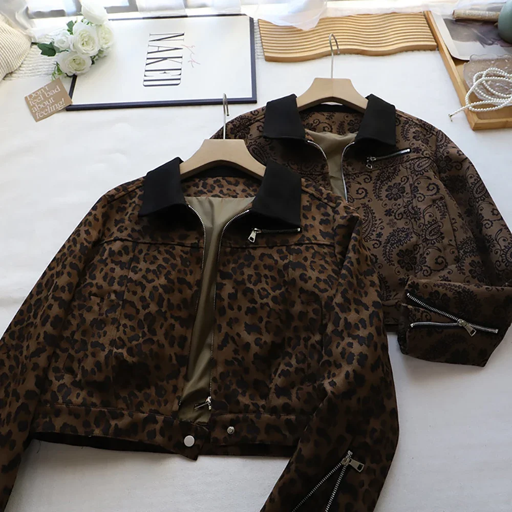 

Retro Leopard Floral Short Jackets for Women Autumn Korean Turn Down Collar Zipper Coats All-Match Commute Chic Outerwears
