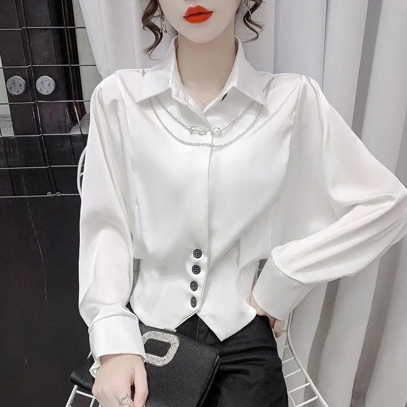 Western Style Chain Splicing Collar Chiffon Shirt Women's Early Spring New Style Temperament Versatile Short Slim Fit Top