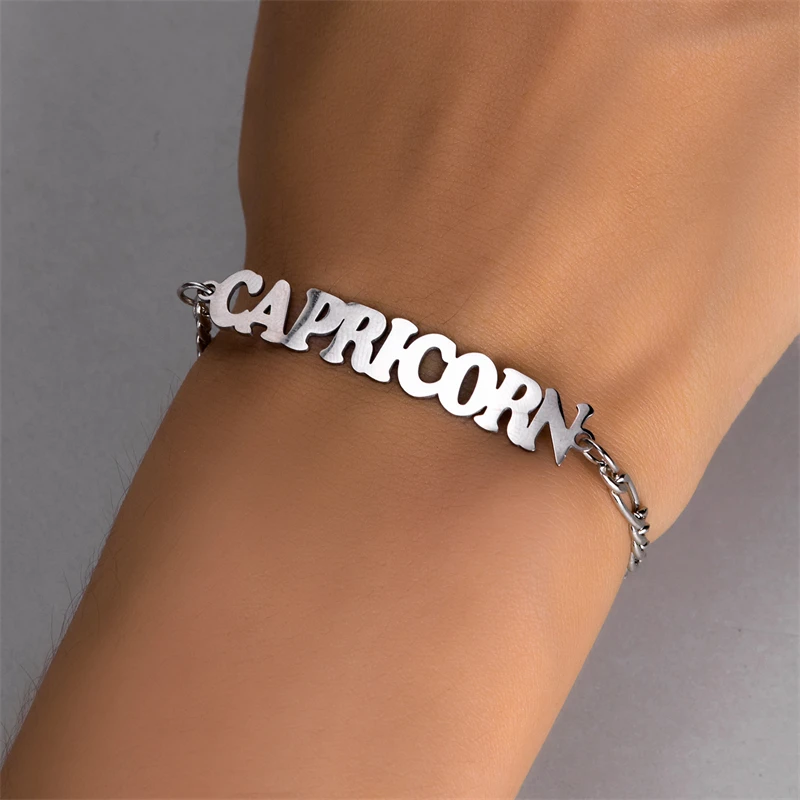 Simple Silver Color Stainless Steel Chain Zodiac Sign Bracelet for Women Men Birthday 12 Constellation Jewelry Leo Chain Gifts