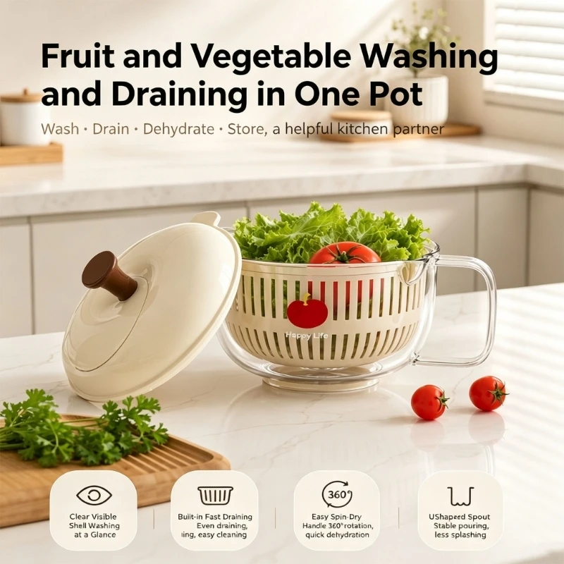 Manual Salad Dryer with Clear Bowl and Drain Basket, Top-Knob Produce Washer for Fruit, Vegetables, and Salad Use D2RD