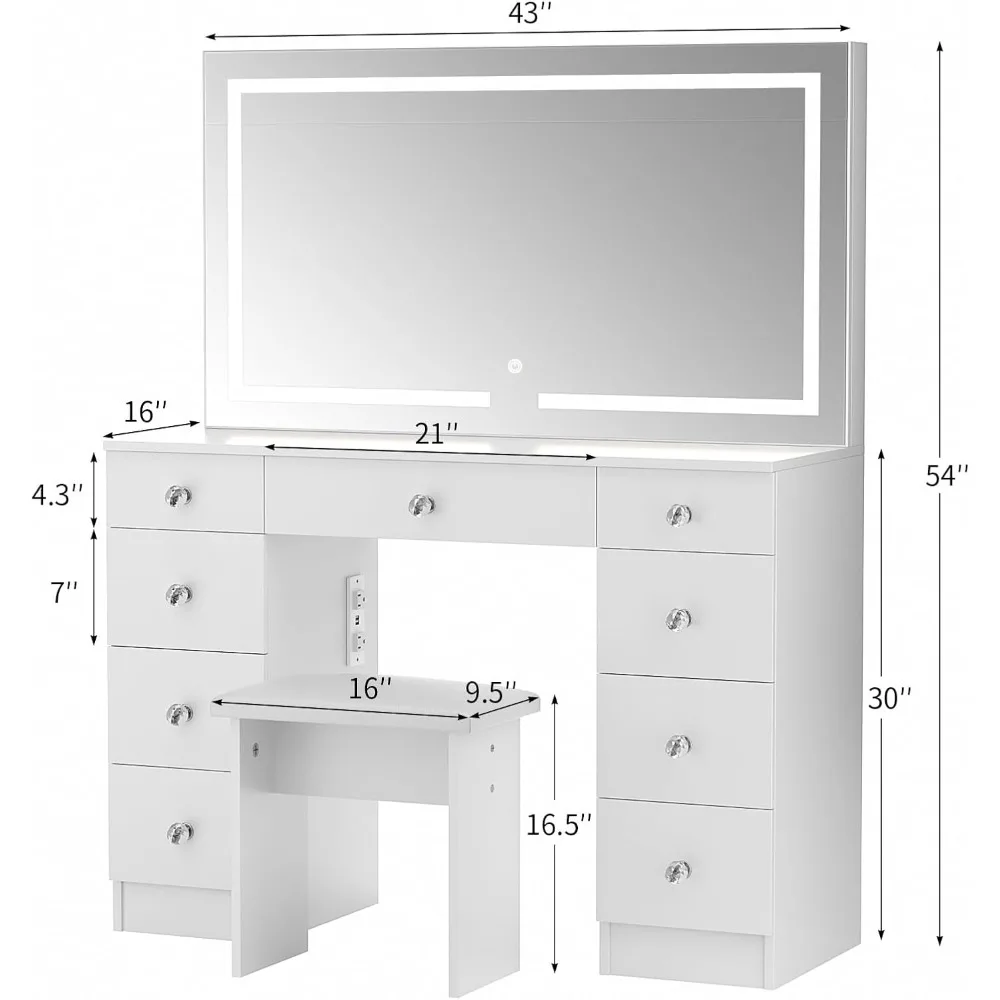 Coiffeuse de 43" avec tabouret rembourré doux, prise de courant et 9 tiroirs, 3 modes d'éclairage de couleur, luminosité réglable, commodes