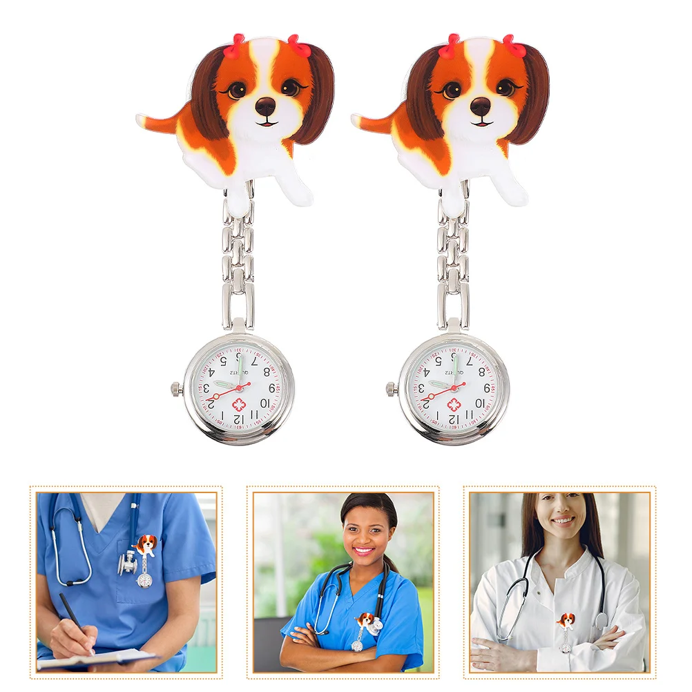 2 قطعة كارتون كلب صغير معلق ممرضة ساعة الجيب لطيف قابل للسحب سلسلة عملية دائمة التمريض ساعة الصدر