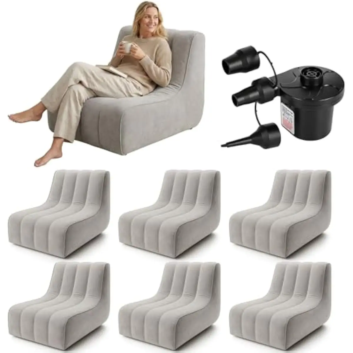 6 Lightweight Inflatable Lounge Chairs with Electric Pump Set – Light Grey Flocked PVC Seating Units for Indoor Outdoor Use – Co