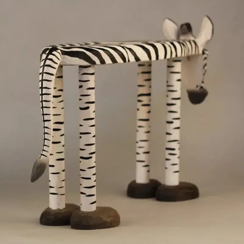 Solid Wood Hand Carved Zebra Style Personalized Shoe Changing Stool, Practical Ornament At The Entrance of The Living Room