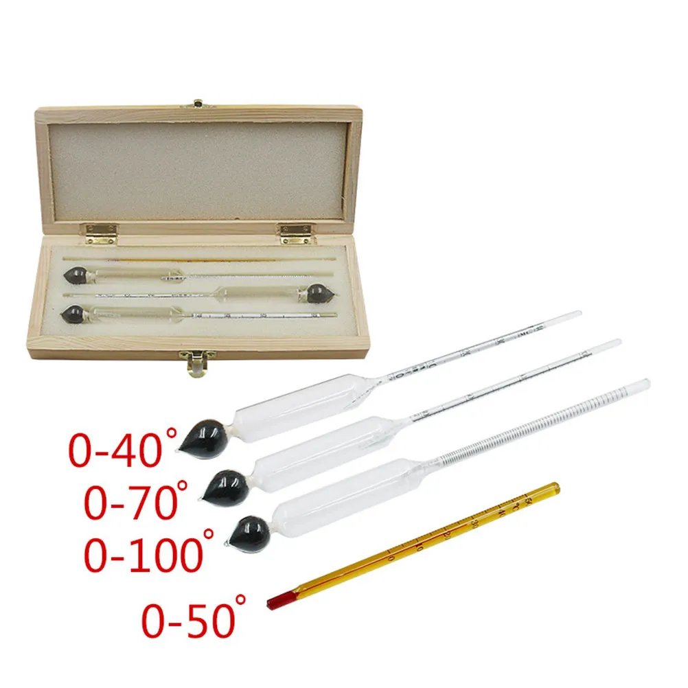 4Pcs Alcohol Tester Kit with Glass Hydrometer, Triple Scale Thermometer & Wooden Case for Spirits Distilling