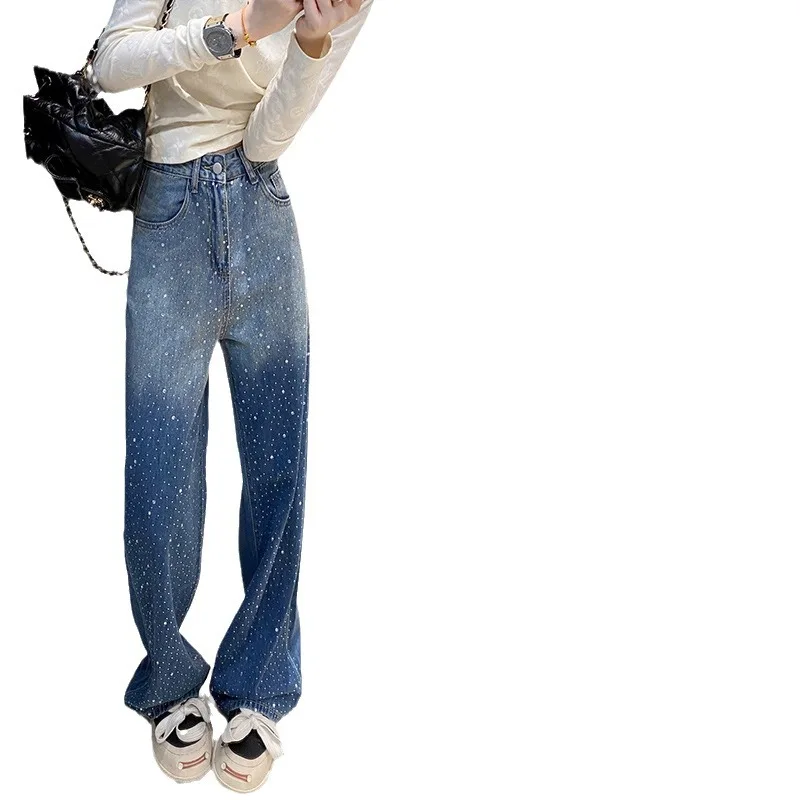 2025年 レディース ダークブルー グラデーション デニムパンツ - ワイドレッグ ラインストーン スリム効果 フロア丈、万能でおしゃれなトラウザーズ