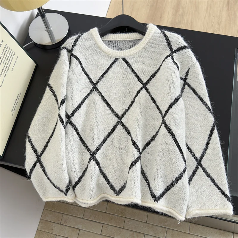 

Women's White Pullover Korean Plaid Sweater Vintage 2000s Y2k Long Sleeves Jumper Knit O-Neck Checked Sweater Spring Autumn 2025