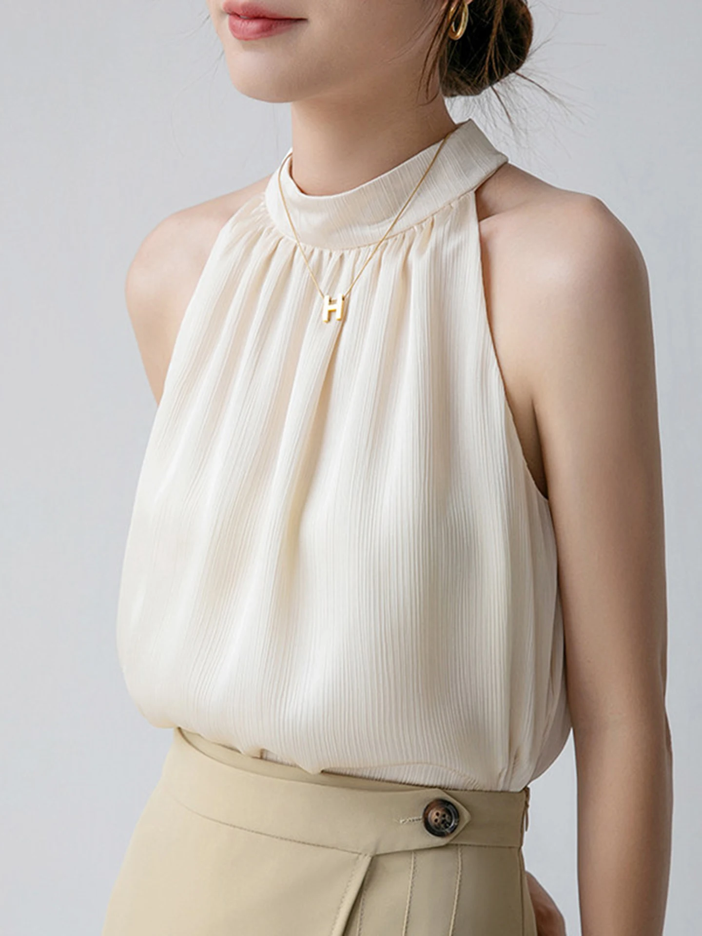Summer 2026 New Style Women's Neck Hanging Sleeveless Halter Top Small Size Back Exposure Chiffon Halter T-Shirt Breathable R...