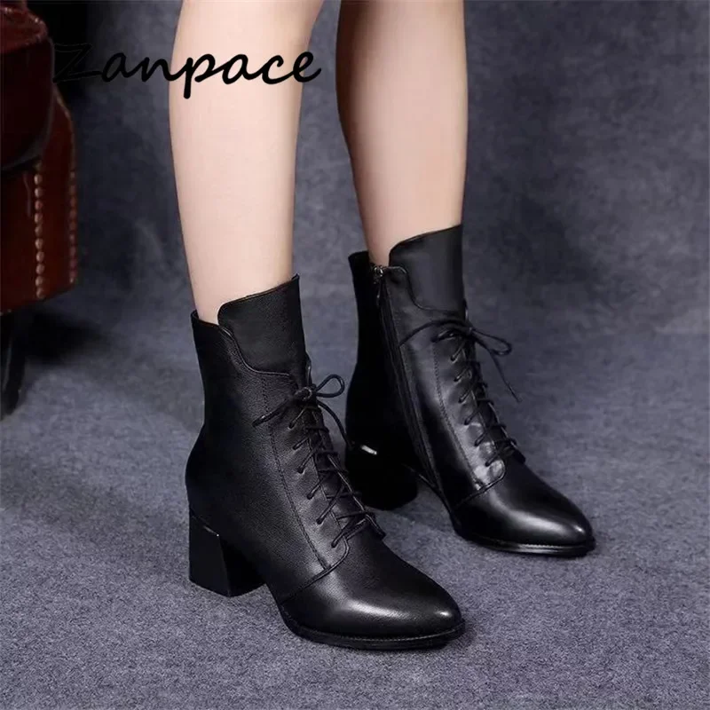 2021 New Leather Women Boots Thicked Velvet PU Women Shoes Women\'s High-heeled Cotton Keep Warm Winter Boots Zapatos De Mujer