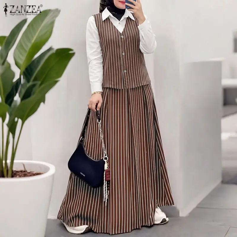 

Women Striped Patchwork Muslim Sets 2026 ZANZEA Lapel Neck Long Sleeve Tops Shirt Skirt Suit 2 Pieces Hijab Outfits Ramadan Eid