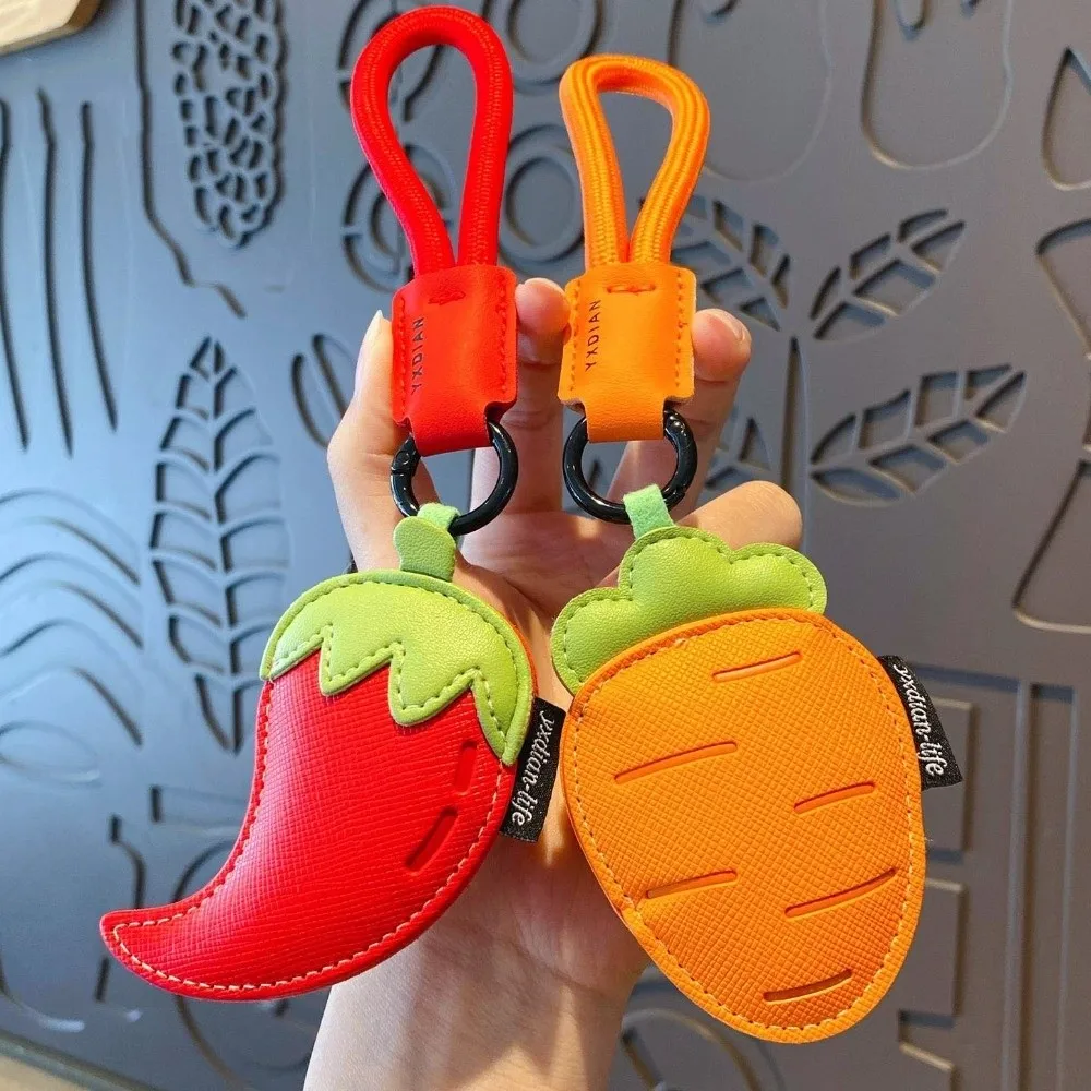 

Fashion Cartoon Vegetable Keychain Eggplant Carrot PU Leather Bag Pendant Bag Charms Braided Rope Car Keyring Girl/Boy