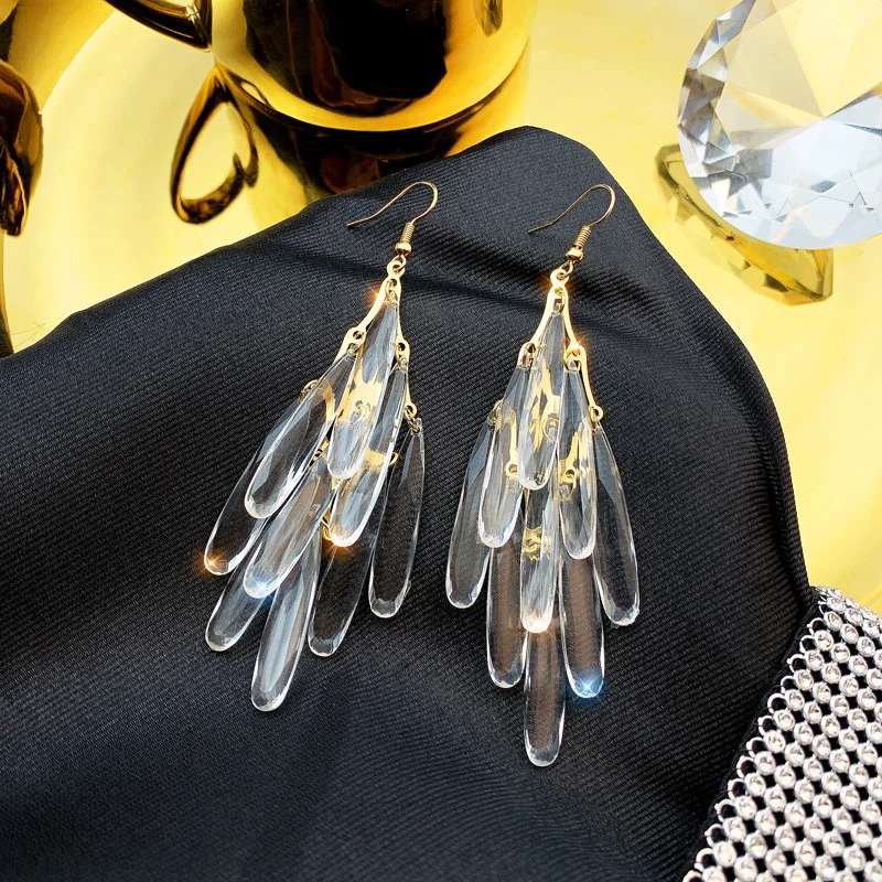 Exaggerated Transparent Waterdrop Earring Crystal Long Tassel Earrings For Women Fashion Dangle Pendientes Party Jewelry Gift