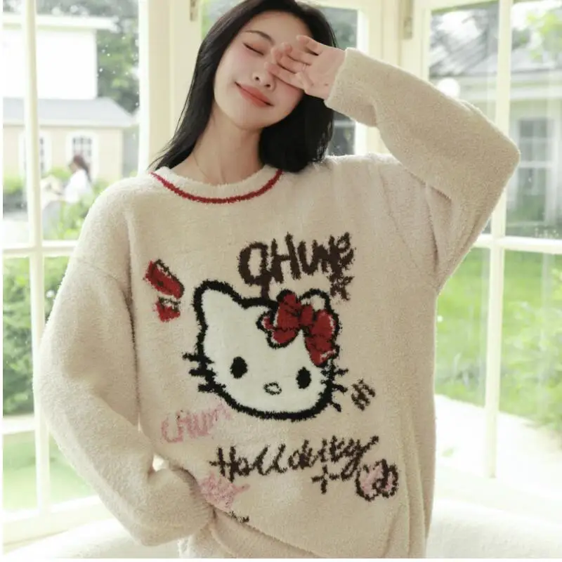

Sanrio студенческая кавайная пижама с рисунком «Hello Kitty» для девочек, осень-зима 2022, новый вязаный комплект домашней одежды в стиле аниме, повседневная свободная одежда