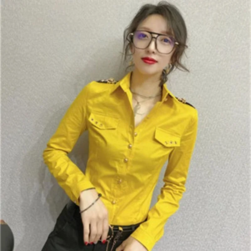 New Slim Summer Short-sleeved Shirt Women Epaulettes Autumn Long Sleeve Shirt White Korean Fashion Top Single-breasted