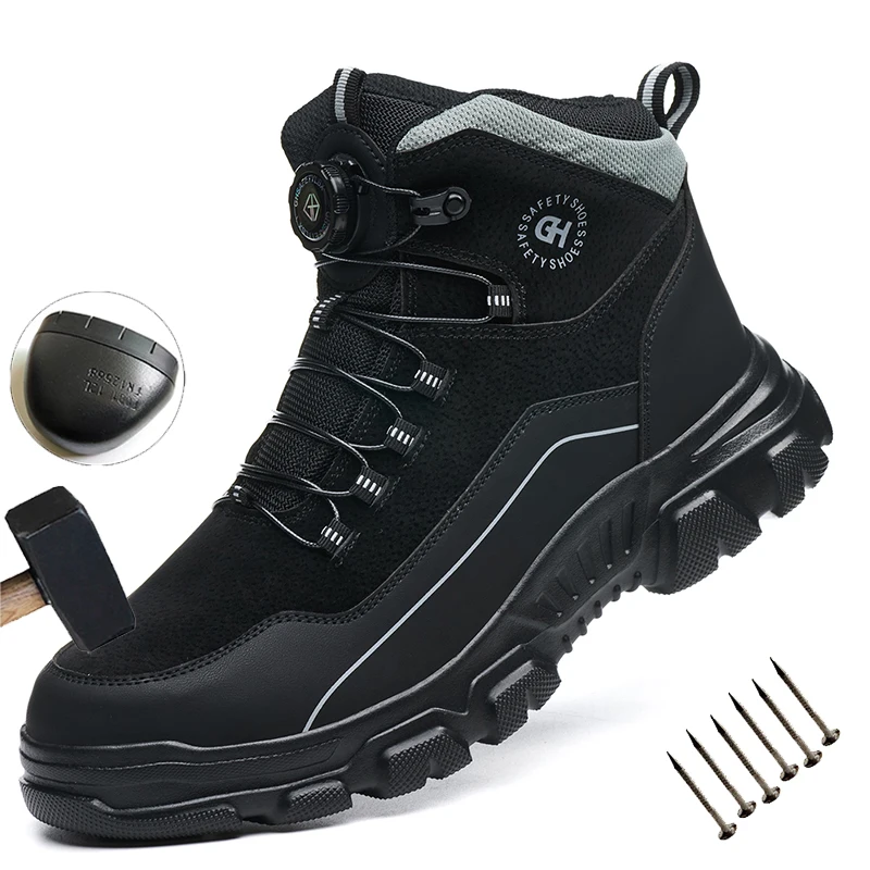 New Fashion Rotary Buckle Waterproof Safety Boots Men Steel Toe Work Boots Anti-smash Stab-resistant Safety Shoes Industrial