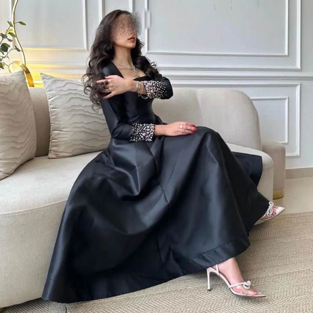 Fashionvane Customized Evening Dresses with Beaded Long Sleeves Prom Dress Black Satin A Line Special Occasion Vestidos