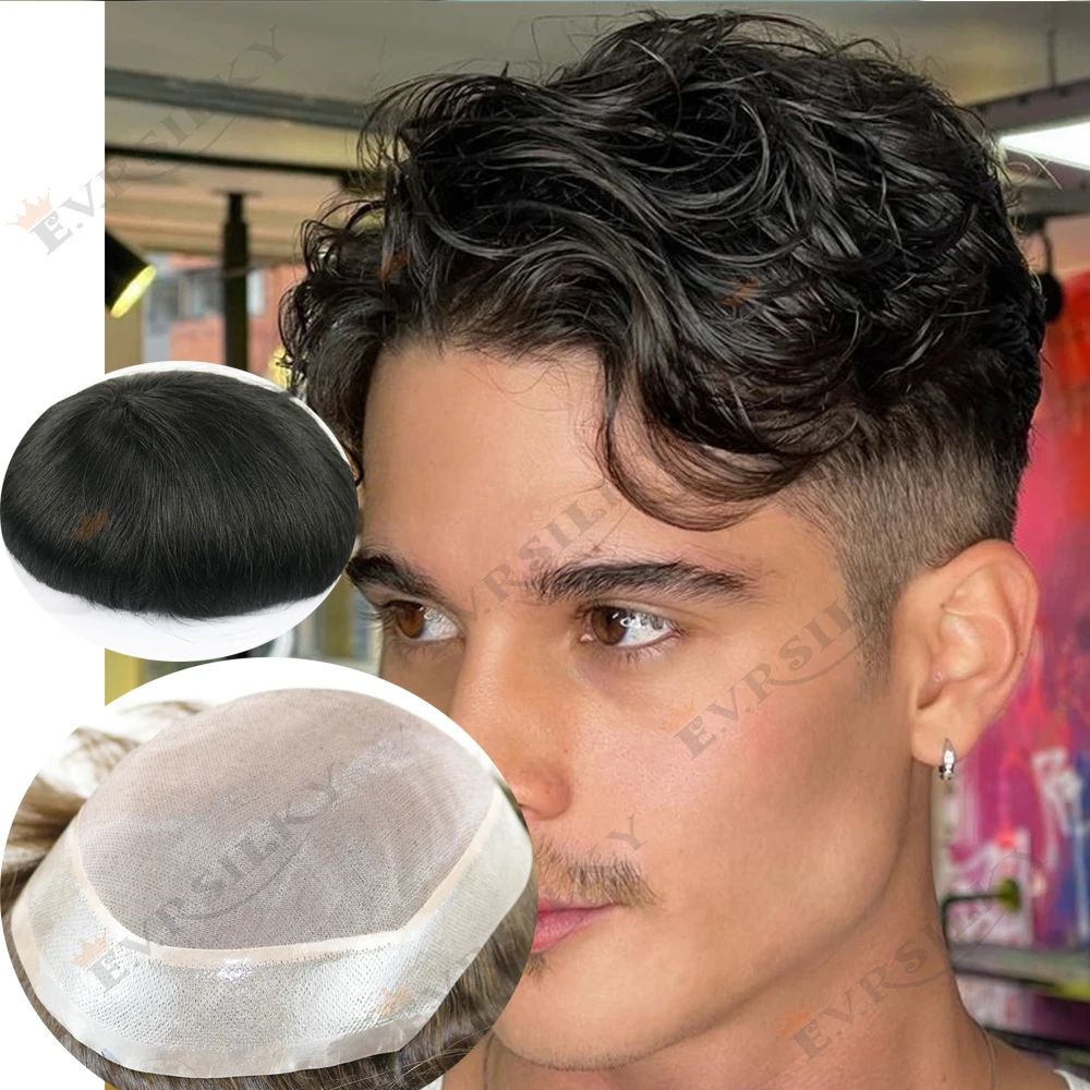 

Natural Hairline Male Toupee 30mm Wavy Dark Brown #4 #1 Black Breathable Lace&Mono PU Mens Wig Human Hair Replacement Prosthesis