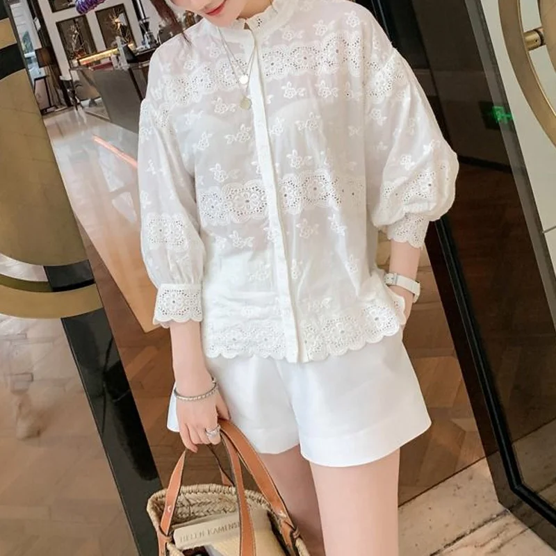 2023 New Spring and Summer Vintage Lace Standing Neck Embroidered Jacquard Hollow Out Wood Ear Lace Loose Relaxed Oversize Shirt