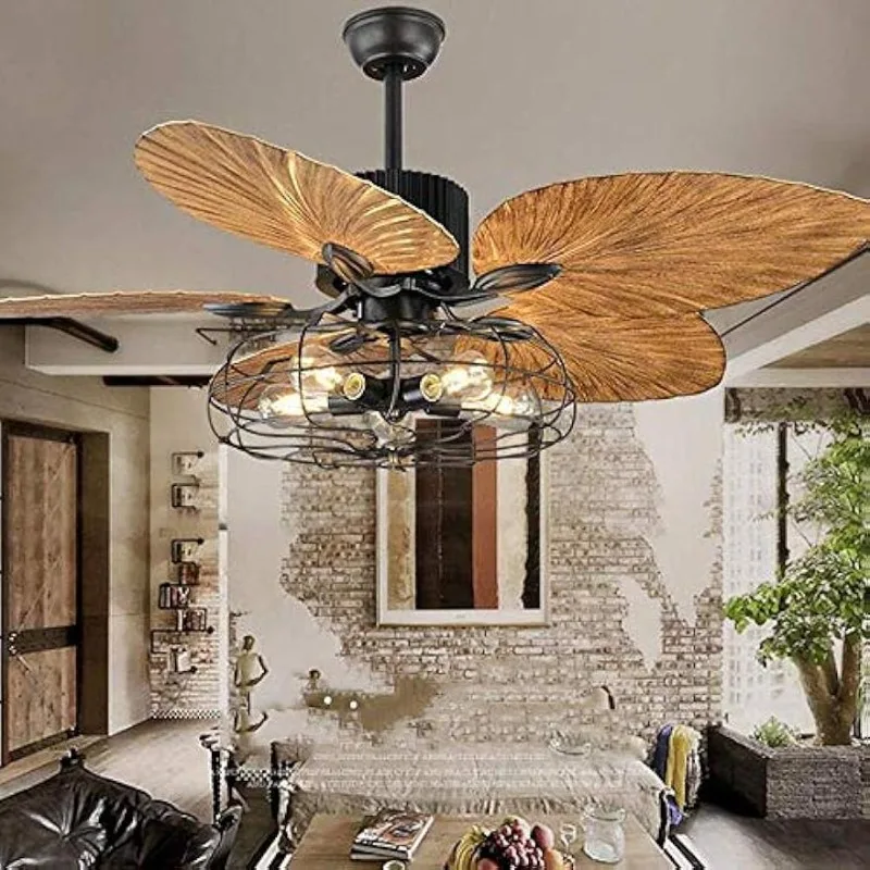 Industrial Cage Ceiling Fan 52 Inch with 5 Lights Remote Control Palm Blades Quiet and Vintage Tropical Style Indoor Ceiling Fan