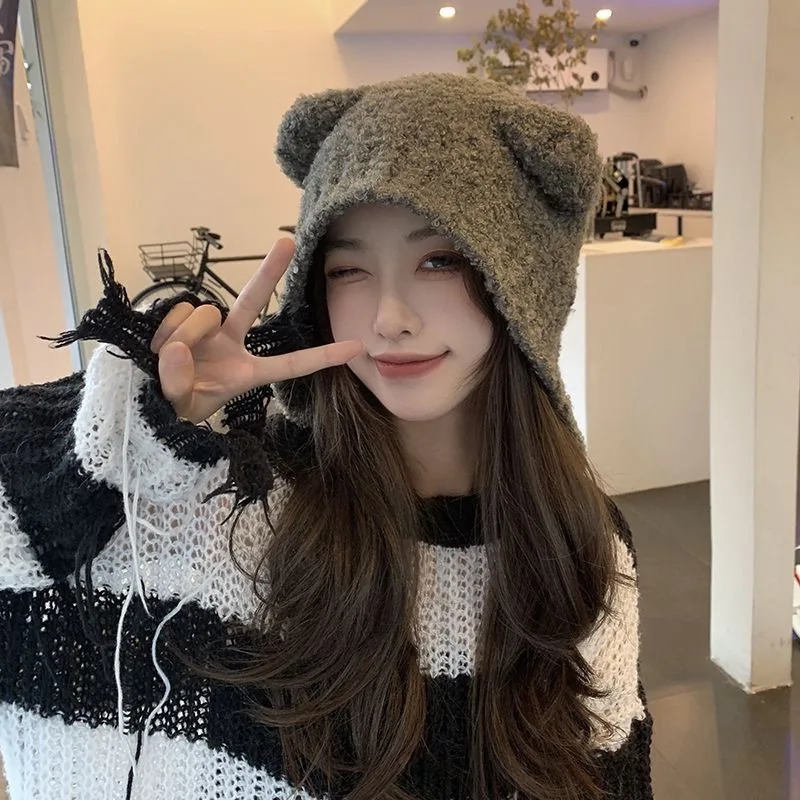 Outono inverno feminino chapéu de malha bonito estilo coreano urso orelha gorro quente proteção de ouvido natal tempo frio wear