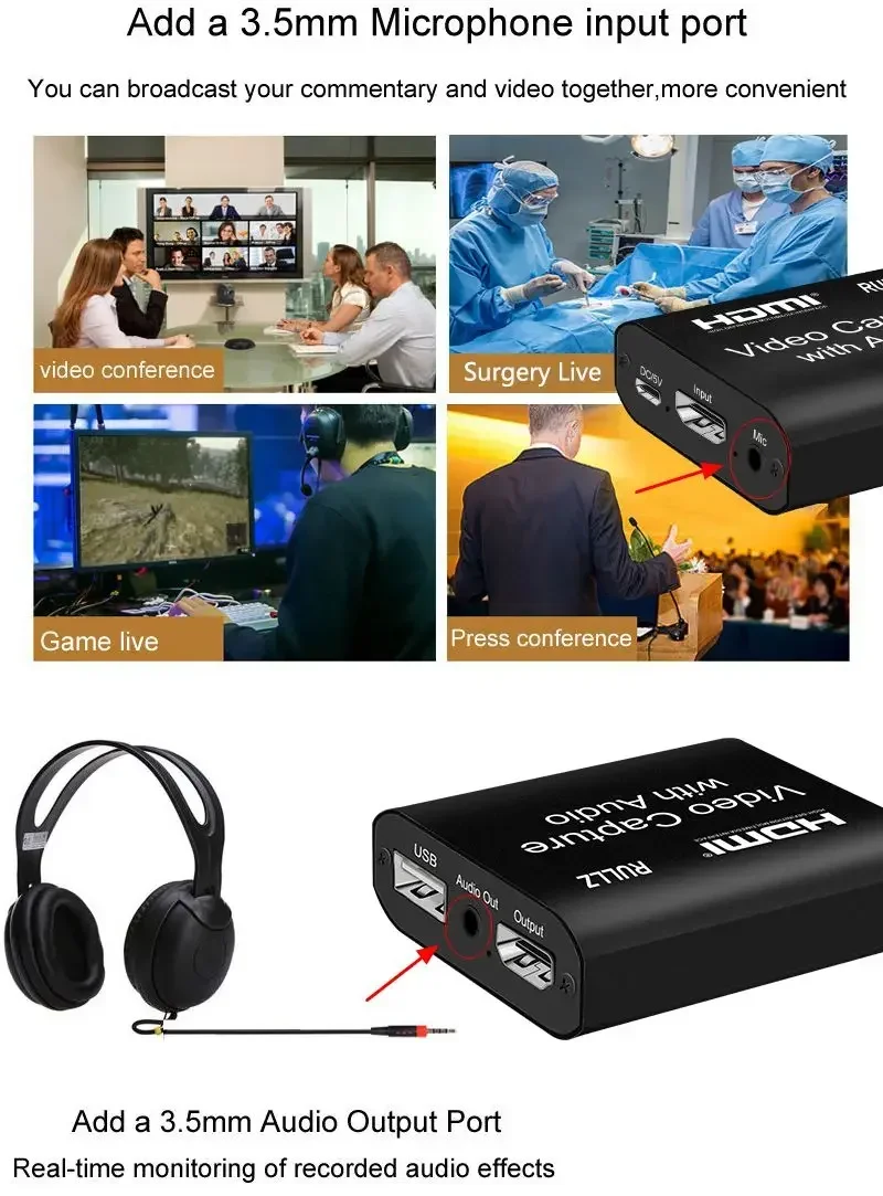 4K HDMI Loop 1080p Video Graphics Capture Card USB 2.0 3.0 Game Live Streaming Record Box Mic in Audio Out DVD PC Video Recorder