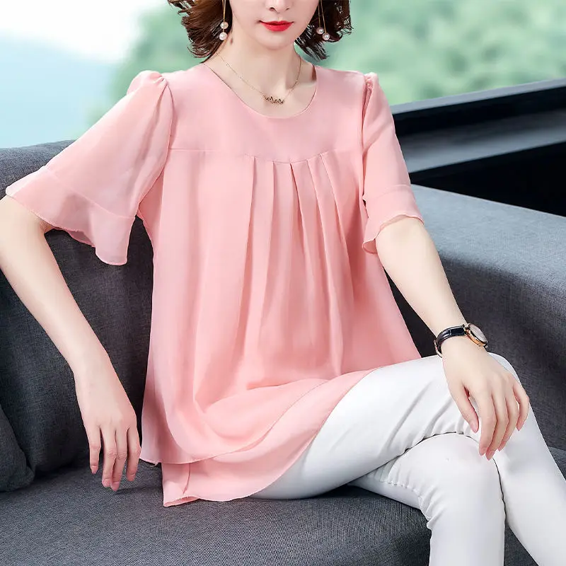 

Women Summer Fashion Loose Large Size Solid Color Chiffon Pleated Short Sleeve Shirts Women Clothes Casual All-match O-neck Tops