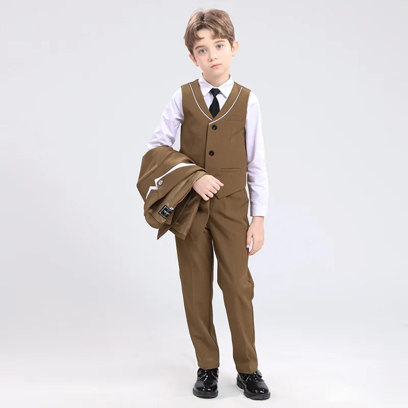 Children Spring Khaki Vest Shirt Pants Tie Photograph Suit Boys Formal Ceremony Tuxedo Dress Kids Wedding Performance Costume