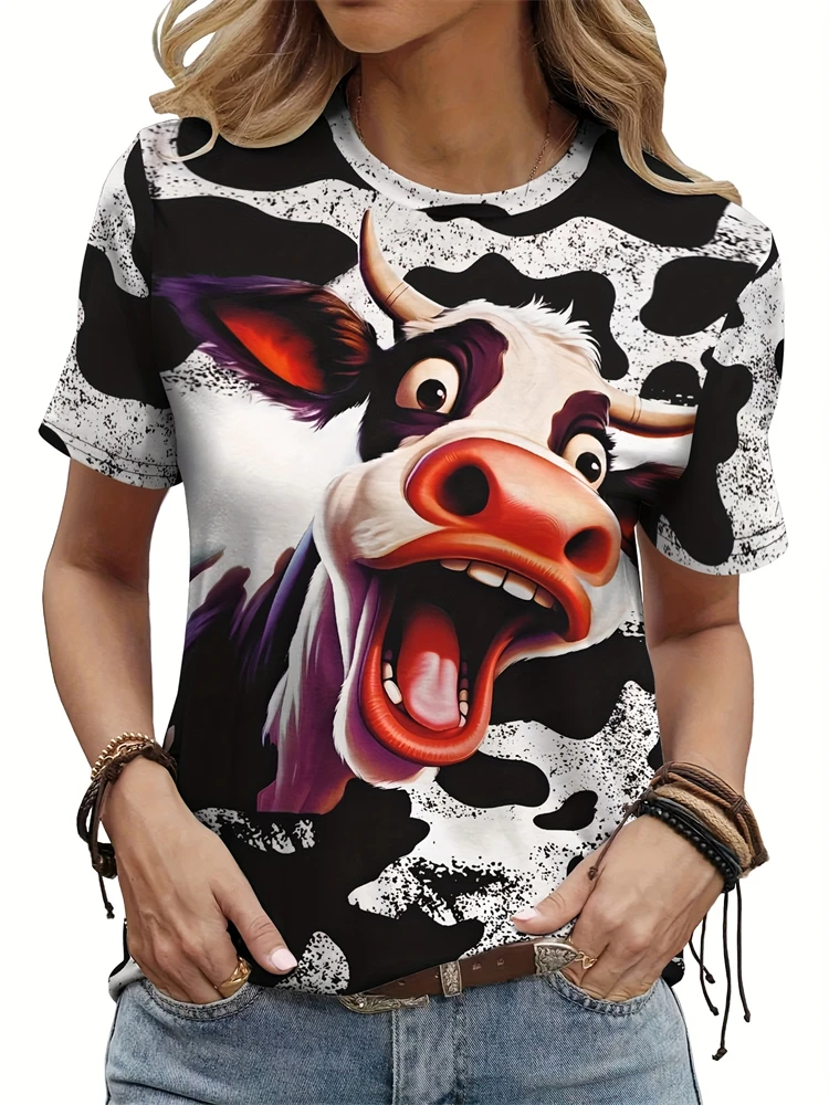 

Summer Fashion Short Sleeve Casual Top Loose Women's T Shirt Cow Pattern Printed Clothing Round Neck Short Sleeve T Shirt