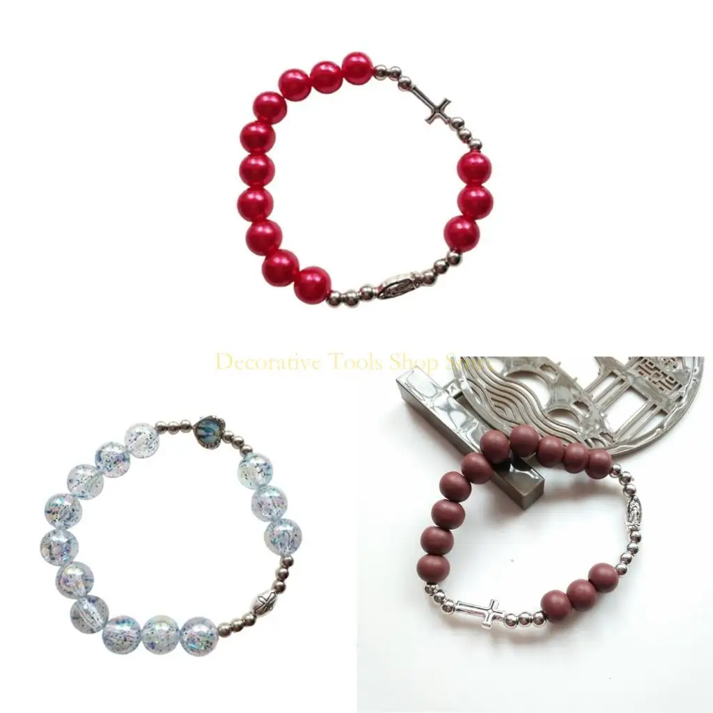 

QX2E Catholic Rosary Bracelet Baptism Rosaries Bangle Wristband for Men Women