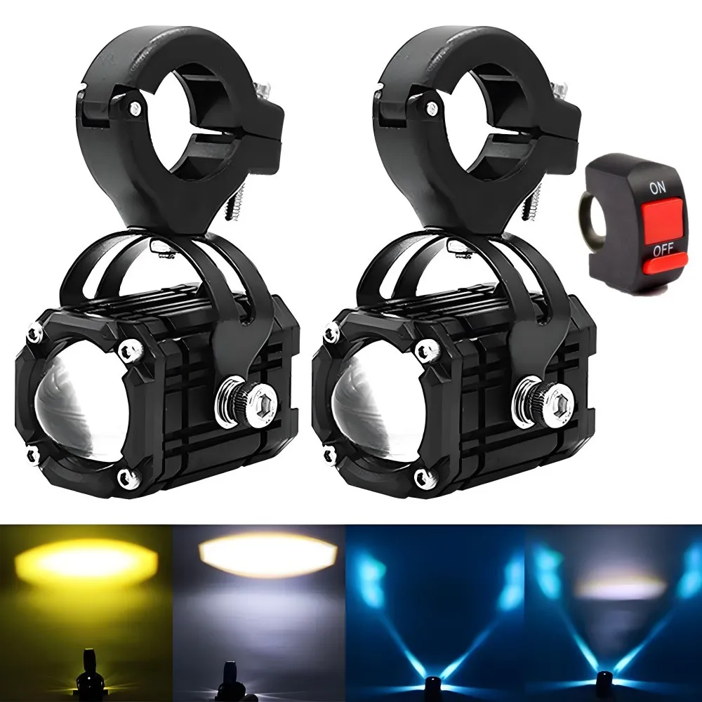 Luces antiniebla para motocicleta, foco auxiliar LED, 3 colores, blanco, amarillo, azul, haz alto/bajo, luz de conducción brillante para coche ATV.DC12/24V