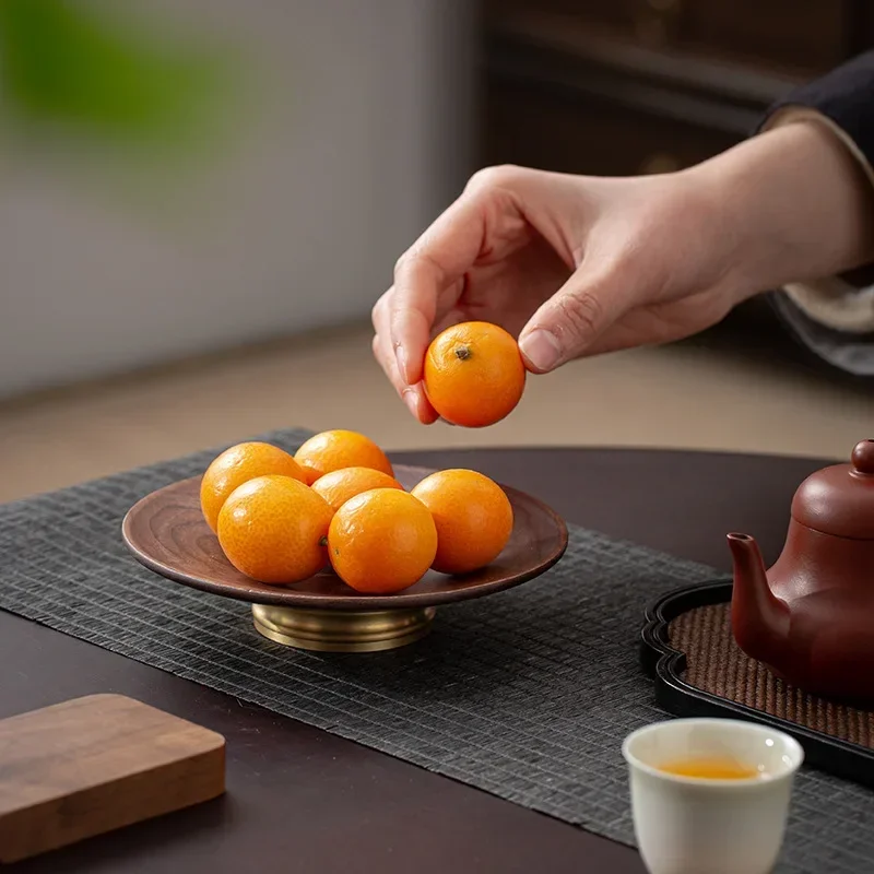 Handmade Solid Walnut Wood Serving Platter,Brass Base Elevated Fruit Bowl,Multi-use Snack/Candy/Dessert Tray for Kitchen Dining