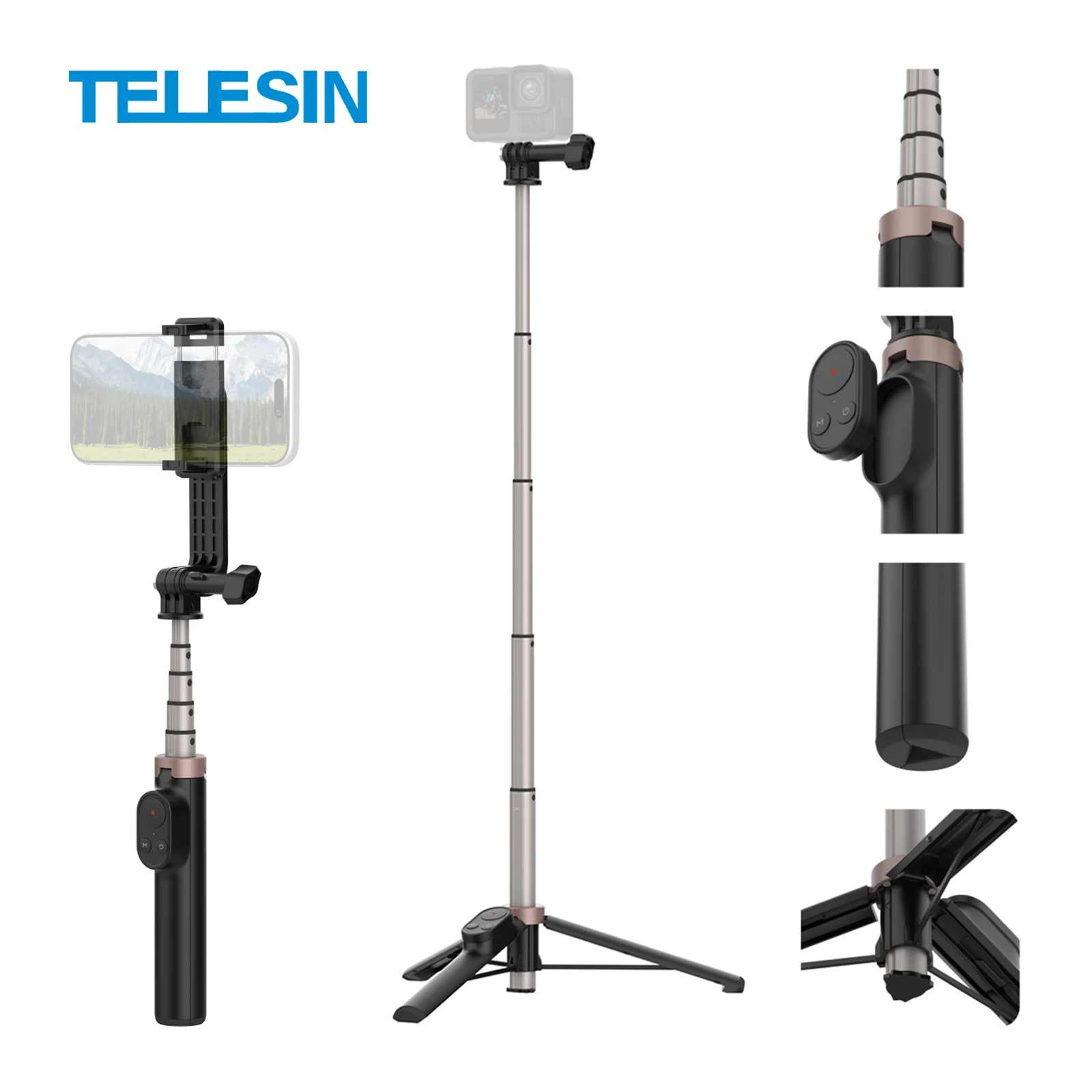 

TELESIN Vlog Selfie Stick Tripod With 80M Bluetooth Remote for GoPro Insta360 DJI OSMO Action Camera Smart Phone Tripod Stand