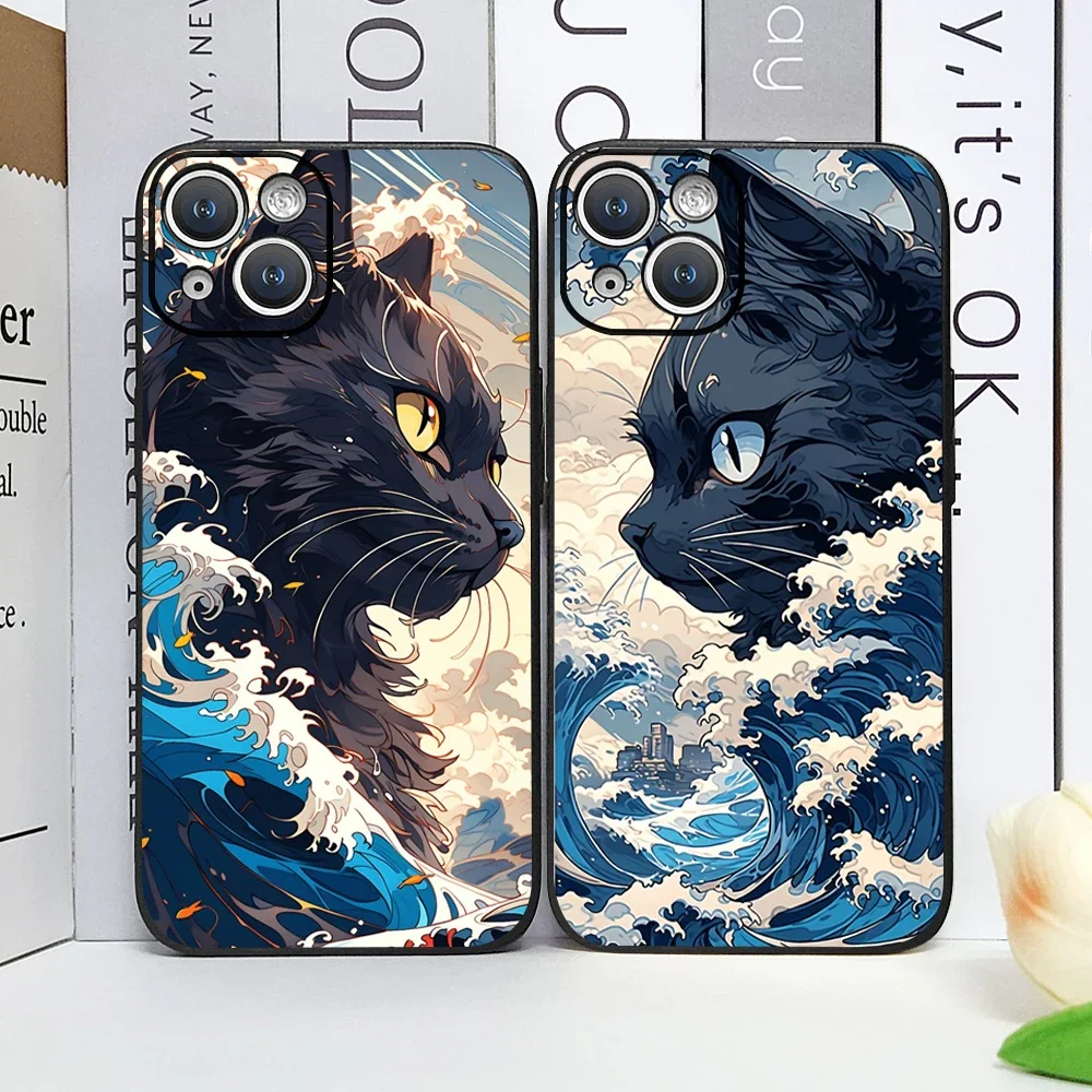 Japan The Great Wave of Kanagawa Cat Phone Case for IPhone 12 Mini 11 13 14 15 16 Pro X XS Max 7 8Plus SE2 Soft Cover Art Fundas