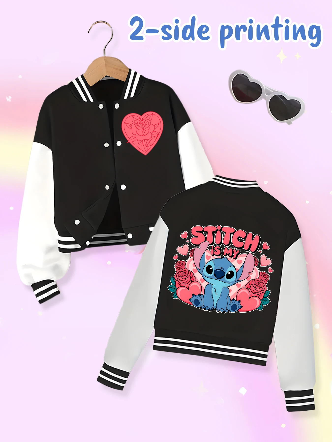

Disney fashion trend baseball jacket, suitable for daily sports and casual wear, printed with cute Stitch pattern, nice gift.