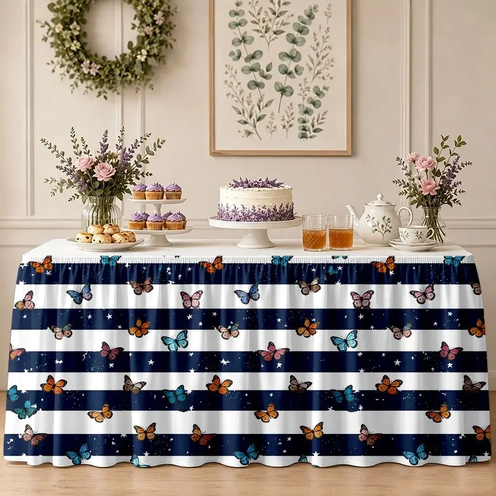 One-piece set with table skirt decoration. Butterfly-striped, starry background, ruffled edge tablecloth.