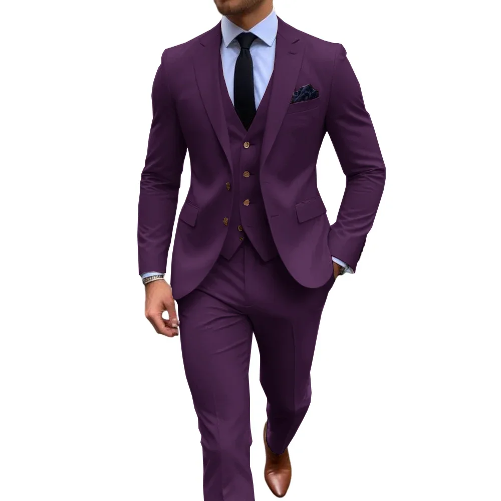 Costume classique violet pour hommes, 3 pièces, smoking à revers, ensemble de costumes de mariage pour garçons d'honneur, Blazer d'affaires à la mode, veste + pantalon + gilet