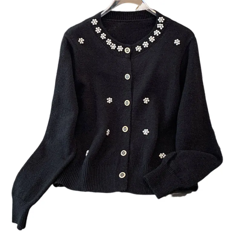 Cardigan lavorato a maglia con perline di perle maglione donna 2024 autunno elegante moda manica lunga monopetto maglieria top maglioni da donna