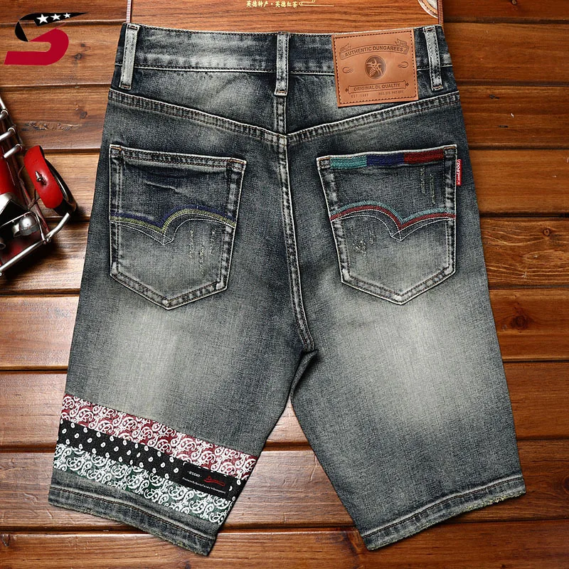 

Embroidered printed denim shorts men's fashion retro slim stretch men's summer ripped Leisure Street shorts