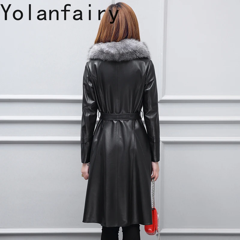YOLANFAIRY جديد ربيع الخريف جلد الغنم الحقيقي خندق معطف المرأة منتصف طول الكورية موضة سترة جلدية حقيقية امرأة