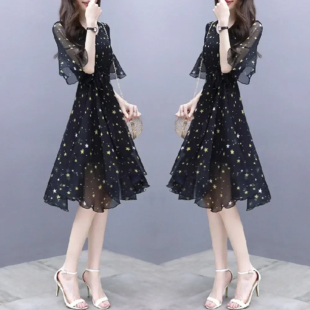 ชุดเดรสยาวผ้าชีฟองแต่งระบายคอวีสไตล์ชายหาดชุดเดรส MODE Korea หวานชุดเดรสยาวผ้าชีฟองสำหรับใส่ไปทะเลสไตล์ฤดูใบไม้ผลิฤดูร้อนเสื้อผ้ากุลสตรีฤดูร้อน