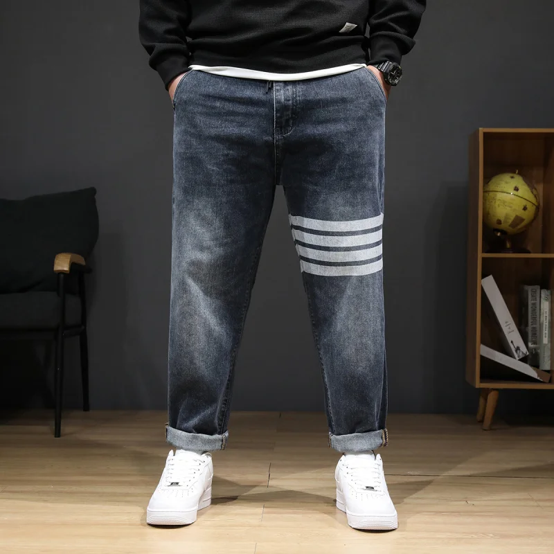 8XL oversized jeans men's fashion striped print stretch plus size casual denim loose 150kg fat pants