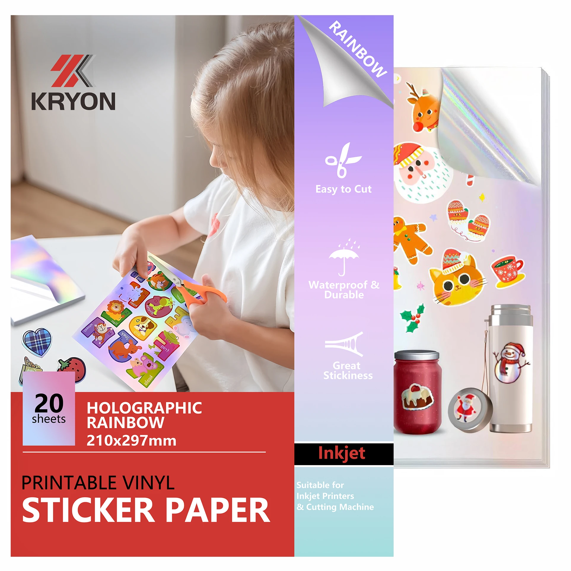 Inkjet Printable Holographic Rainbow Vinyl Sticker Paper, Waterproof, Dries Quickly Vivid Colors, Holds Ink Well- Tear Resistant