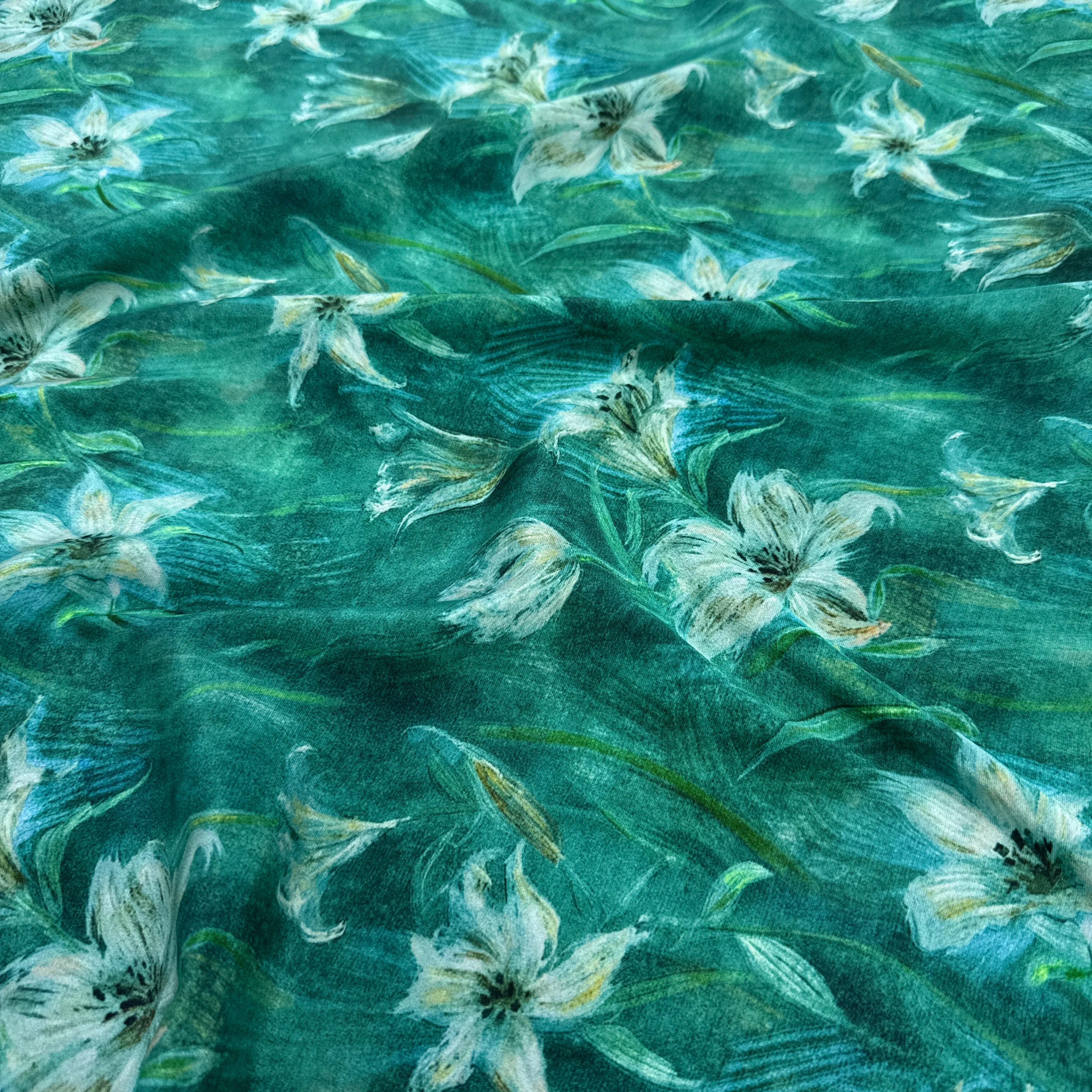 White Floral Printed Stretch Grass Green Silk Crepe de Chine Fabric for DIY Sewing Dress Pajamas Comfortable Silk Fabric FR7005 view 4