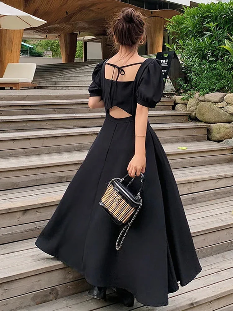 Women's Square Collar Pullover Dress 2024 Summer New Party Evening Dresses Female Slim Retro High Waist Bubble Sleeve Long Dress