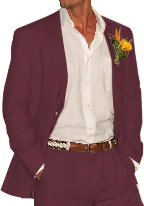 Men 2 Piece Linen Suit Groomsmen Summer Wedding Tuxedos Blazer+Pants