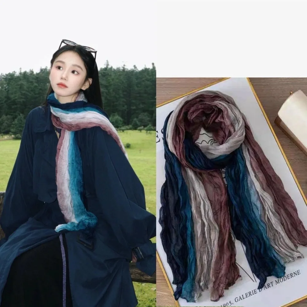 Quente vintage gradiente cachecol versátil estilo wasteland longo xale plissado leve respirável envoltório hijab para outono inverno