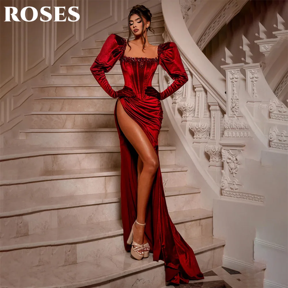 

ROSES Exquisite Red Prom Dress Glitter Appliques Square Collar Party Dress Puff Sleeve فساتين سهره High Split Stain Formal Dress