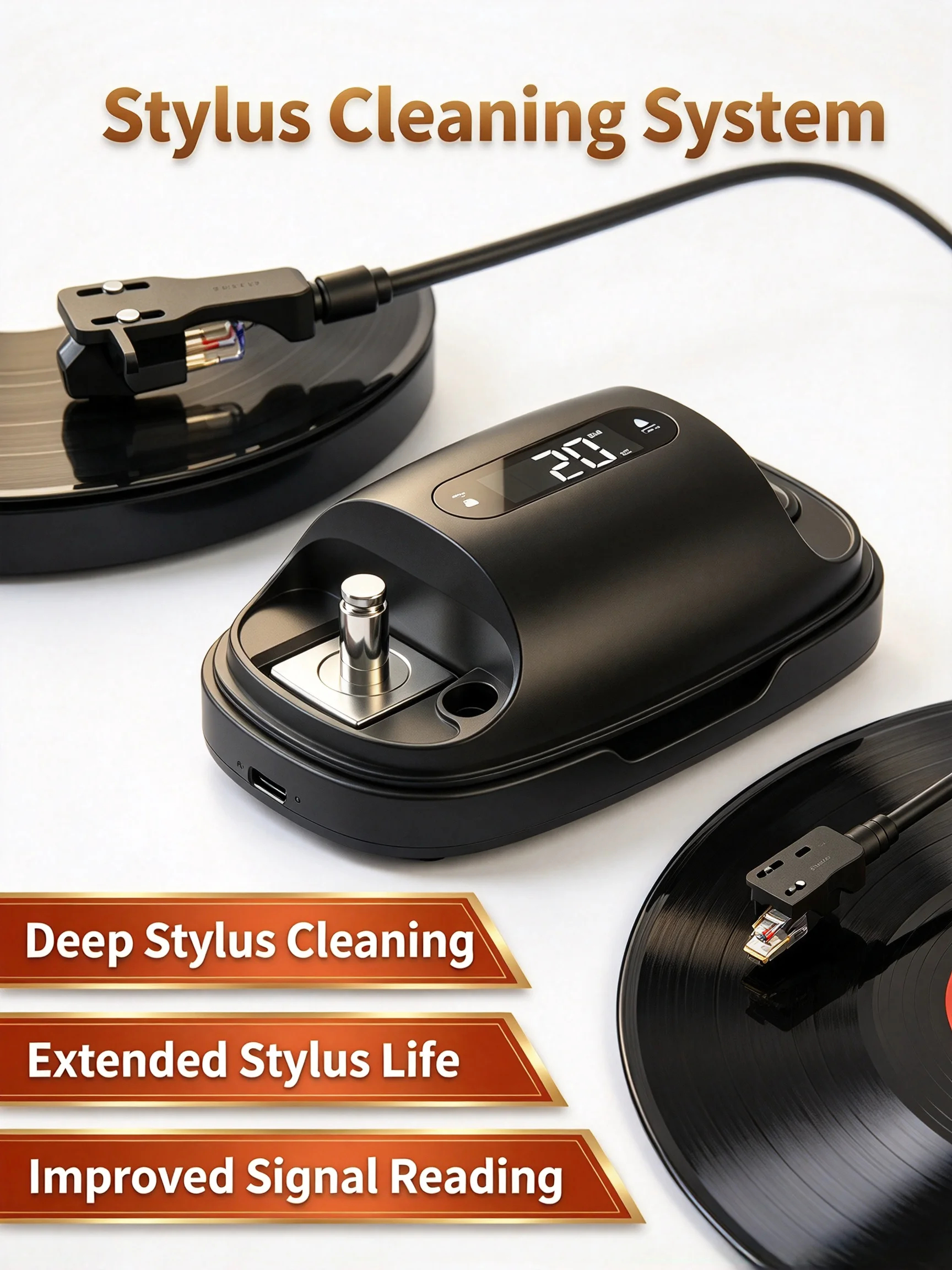 Ultrasonic Stylus Cleaner Vinyl Stylus Pressure Gauge, 2-in-1 LP Stylus Cleaning