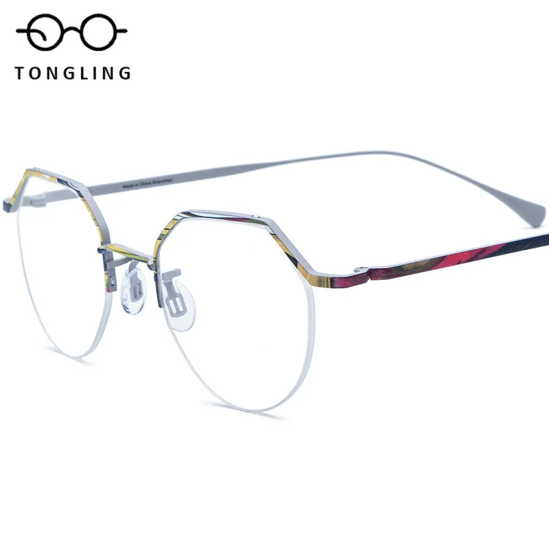 High-Quality Handcrafted Pure Titanium Glasses For Men Women Ultra-Light Semi-Rimless Round Personalized Colorful Trendy Eyewear