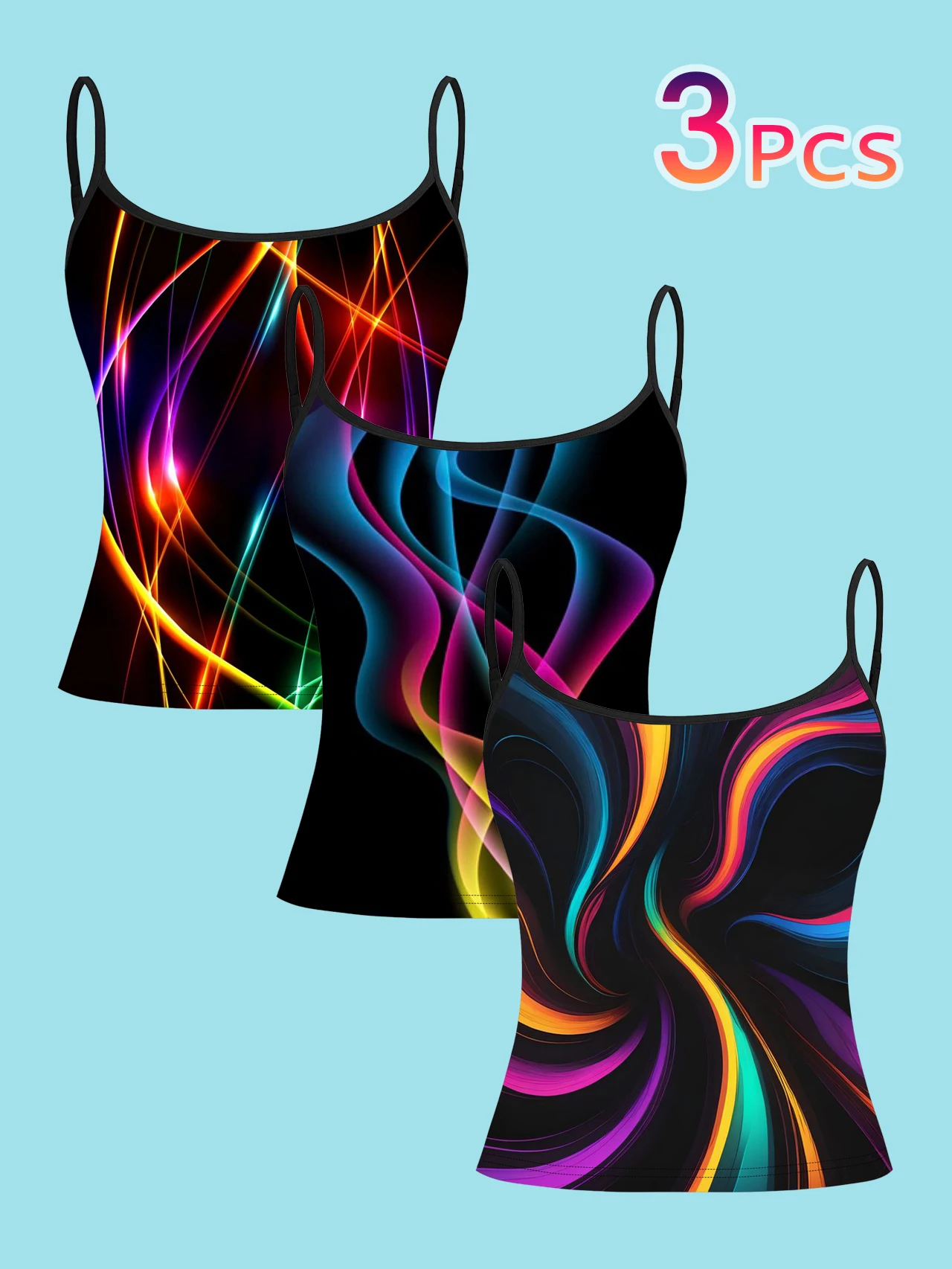 3-Pack of Neon Light Swirl Print Camisoles for Women, Black Base with Rainbow Flow Line Pattern, Slim Fit Spaghetti Strap Inner Tops